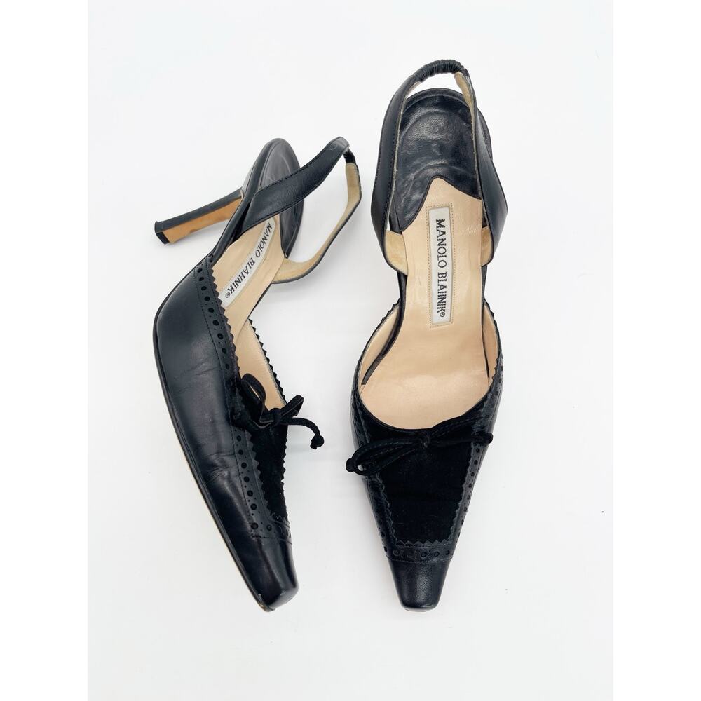 Manolo Blahnik Retro Vintage Black Leather Suede Bow Slingback Heels IT 36.5